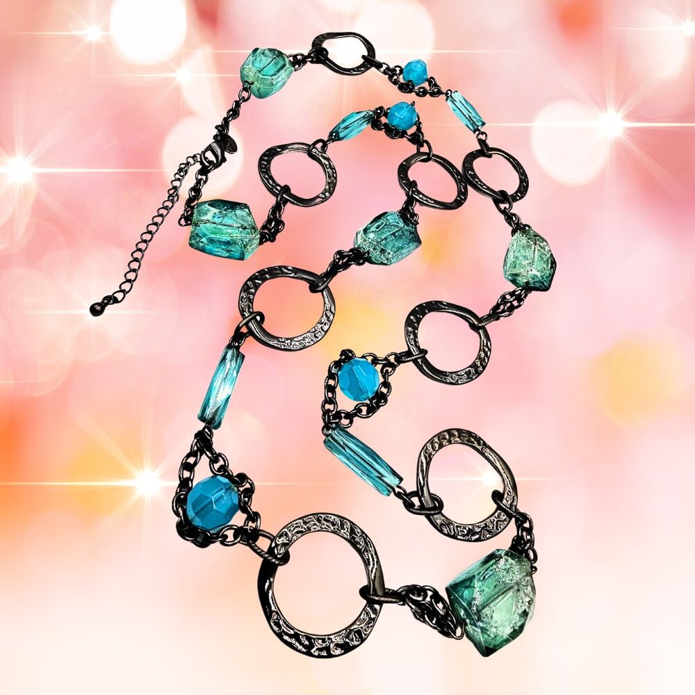 Signed Lia Sophia Long Gunmetal & Aqua Lucite-Style Resin Statement Necklace